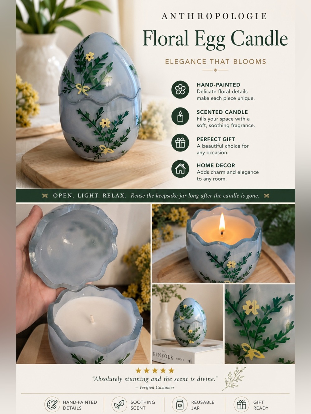 Anthropologie Floral Glass Egg Candle